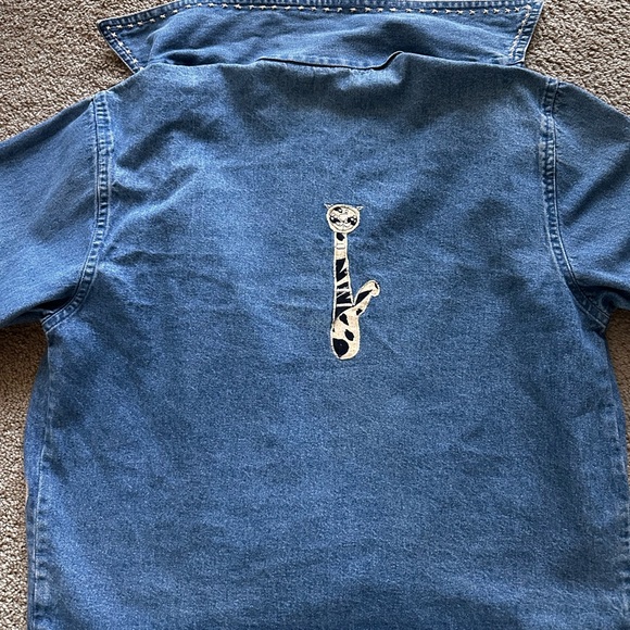 Vintage Jean Denim Jacket Cat Mom Embroidery Appliqué Quirky Cottagecore Artsy S - Picture 2 of 15